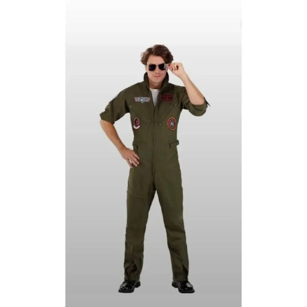 Unisex Top Gun Flight Suit Costume Olive Green Pilot Jumpsuit w/ Patches, NWOT